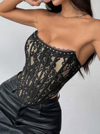 Flower Lace Herringbone Buckle Backless Tube Top Tank Tops