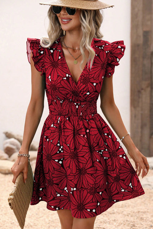 Large Floral Print Wrap V-Neck Flutter Sleeve Smocked Waist Flared Mini Dress