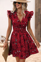 Large Floral Print Wrap V-Neck Flutter Sleeve Smocked Waist Flared Mini Dress