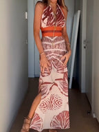 Plants And Flowers Printed Lace Up V-neck Halter Maxi Dresses