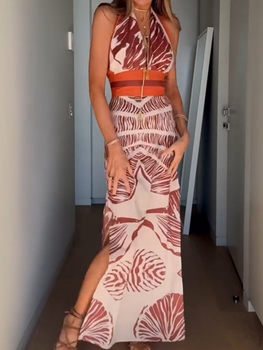 Plants And Flowers Printed Lace Up V-neck Halter Maxi Dresses