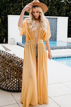 Crochet Lace Trim Kimono Sleeve Tie Waist Embroidered Maxi Dress