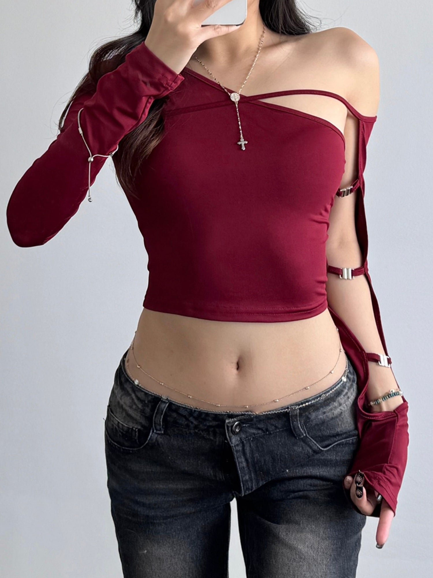 Hollow Out Asymmetrical Collar Irregular Long Sleeves T-shirts