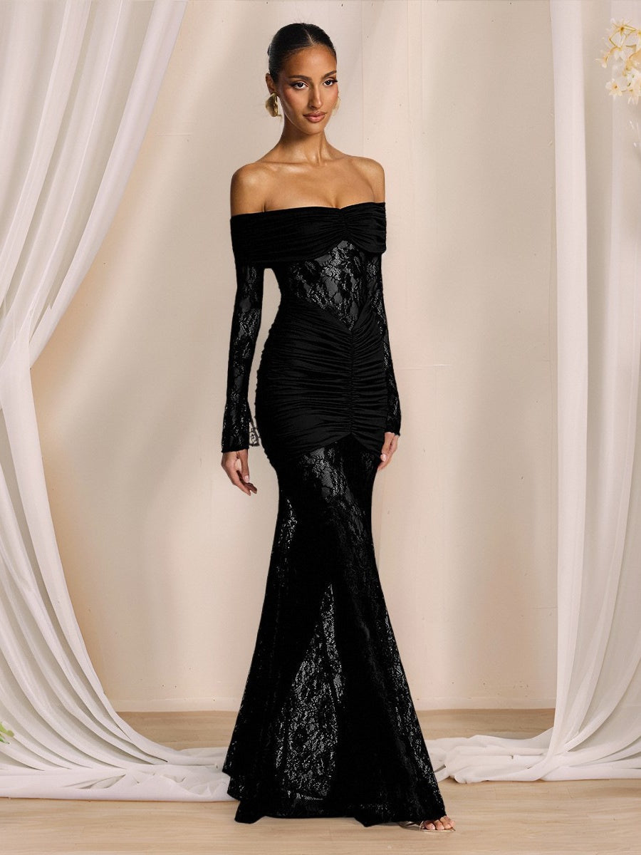 Off Shoulder Hollow Lace Splicing Long Sleeve Hip-hugging Maxi Dresses