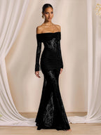Off Shoulder Hollow Lace Splicing Long Sleeve Hip-hugging Maxi Dresses