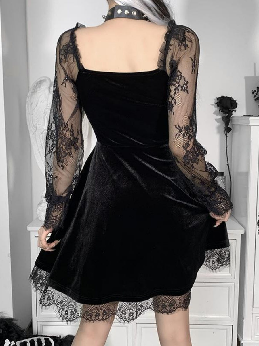 Lace Velvet Long Sleeve Midi Dresses