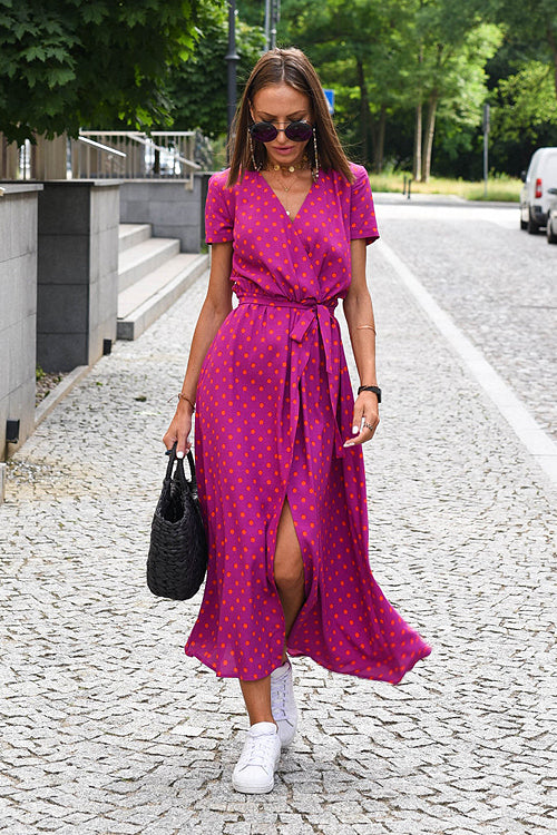 Short Sleeve V-Neck Floral Print Wrap Tie Waist Slit Maxi Dress