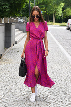 Short Sleeve V-Neck Floral Print Wrap Tie Waist Slit Maxi Dress