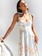 Waist V-neck Bandage Camisoles Printed Vacation And Leisure Maxi Dresses