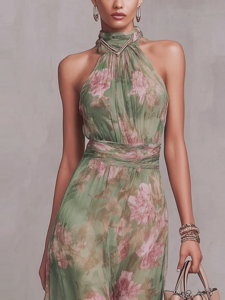 Floral Vacation Formal Dress Halter Maxi Dresses