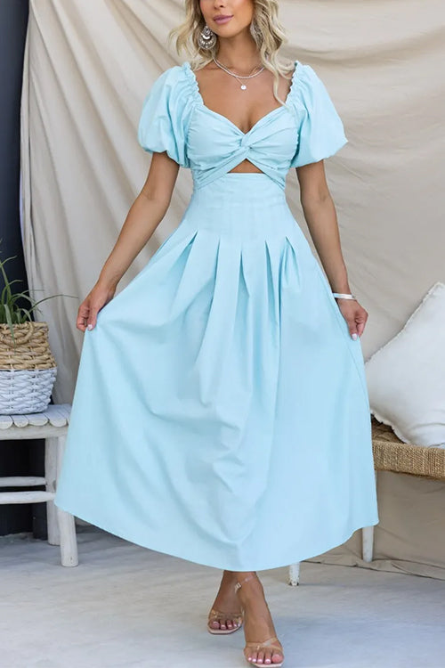Twist Front Puff Sleeves Cut Out Pocketed Maxi Dress