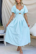 Twist Front Puff Sleeves Cut Out Pocketed Maxi Dress