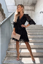 Eyelet Lace Puff Sleeve Wrap V-Neck Tiered Mini Dress