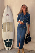 Denim Button Front Patch Pocket Center Slit Long Sleeve Midi Dress