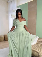 Gathering Crimp Sloping Shoulders Temperament Formal Dress Maxi Dresses