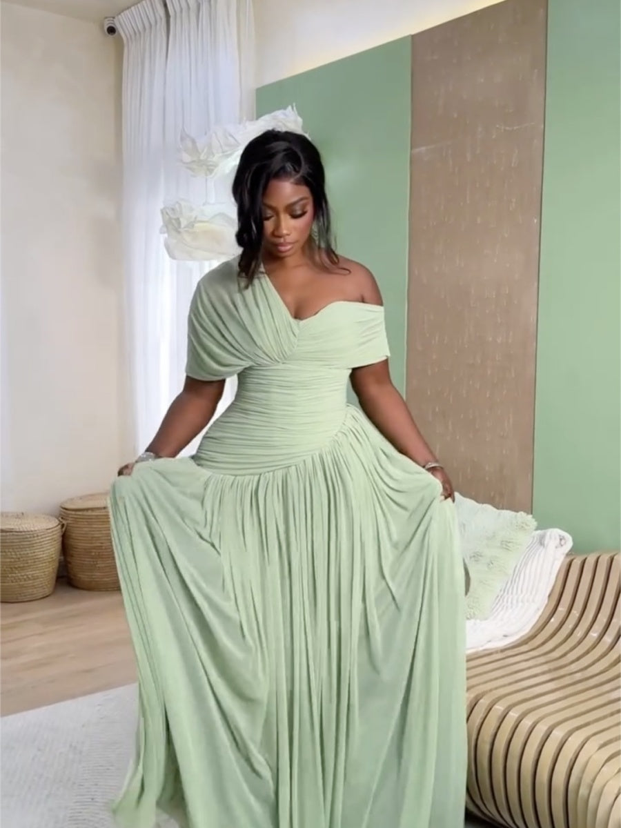 Gathering Crimp Sloping Shoulders Temperament Formal Dress Maxi Dresses