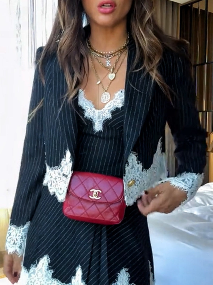 Striped Patchwork Lace Camisoles Short Blazer Set 2-piece Sets