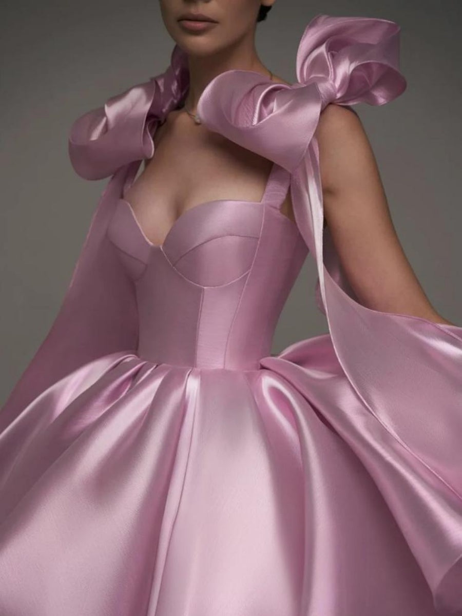 Glossy Fabric, Bow Design, Spaghetti Strap Mini Dress