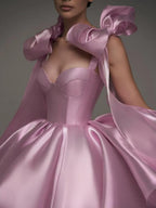 Glossy Fabric, Bow Design, Spaghetti Strap Mini Dress