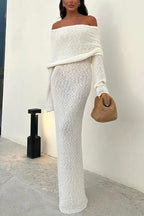 Off Shoulder Hollow-out Knit Stretchy Maxi Dress