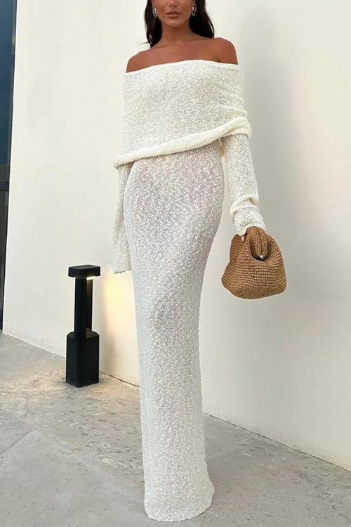 Off Shoulder Hollow-out Knit Stretchy Maxi Dress