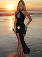 Metal Decoration Halter Neck Deep V Cross Straps Exposed Backpack Buttocks Pleated Mini&Short Dresses
