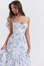 Floral Print Sweetheart Bustier Tie Strap Tiered Midi Dress