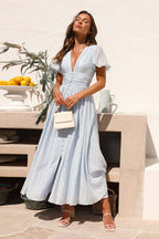 Plisse Texture Puff Sleeve Ruched Waist Button Front Maxi Dress