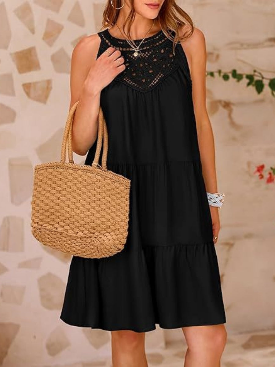 Loose-fit Trim Hollow Lace Halter Mini&Short Dresses