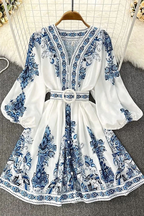 Ornamental Paisley Print Puff Sleeve V-Neck Belted Button-Front Mini Dress