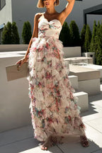 Strapless Floral Print Ruffle Layered Maxi Dress