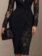 Lace Stitching Mesh Lapel Waist Suit Mini&Short Dresses