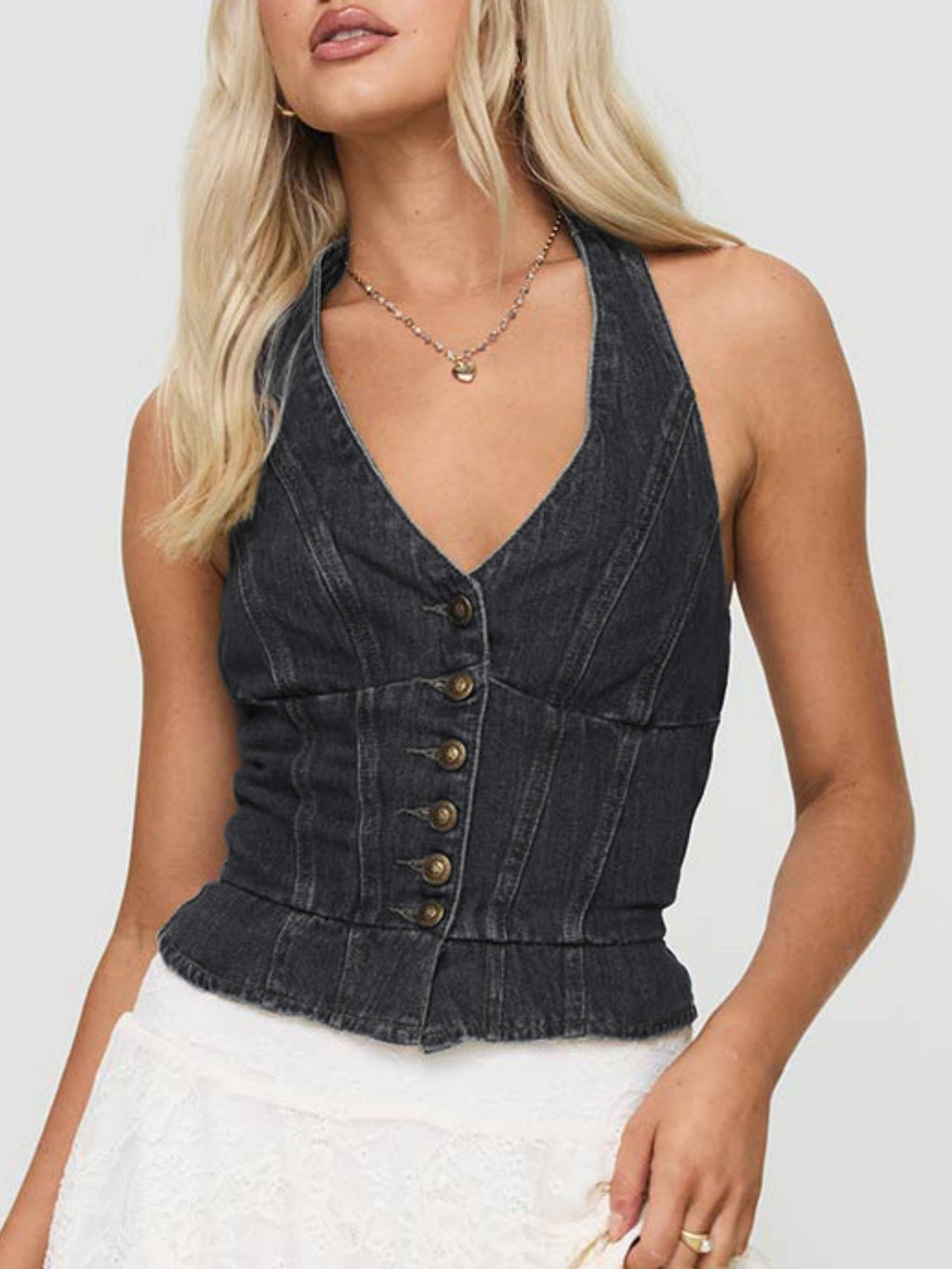 Denim Tie Buttons Halter V-neck Tank Tops&Camis