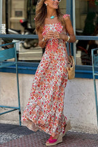 Ruffle Trim Sleeveless Floral Print Maxi Dress