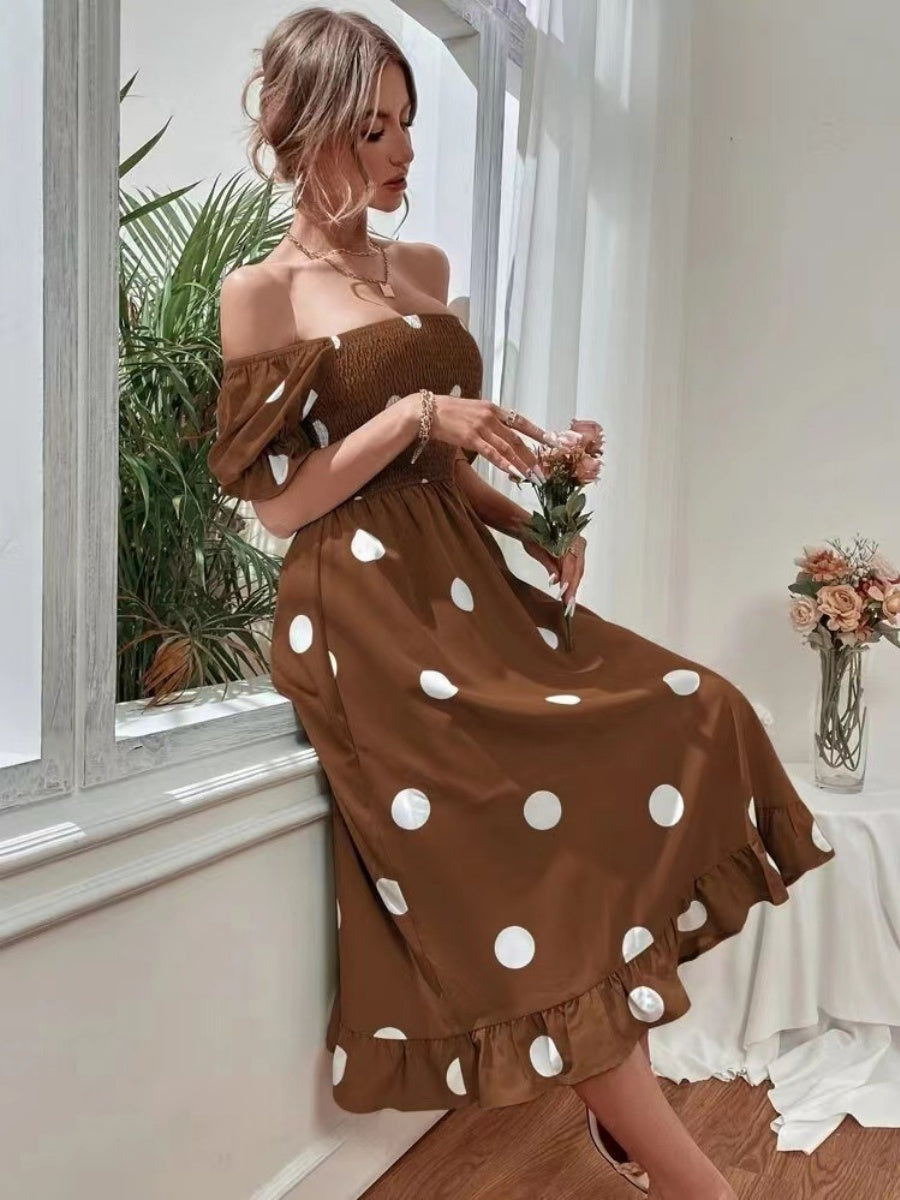 Square Collar Polka Dots Short Sleeve Ruffle Vacation And Leisure Maxi Dresses