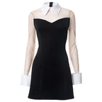 Mesh Illusion Collar Contrast Cuff Long Sleeve Sweetheart Mini Dress