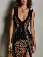 Digital Printing Sleeveless Vest With Ruffled Trim And Slit Long Dress