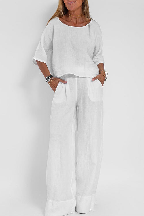 Round Neck 3/4 Sleeves Pullovers Wide Leg Pants Cotton Linen Set