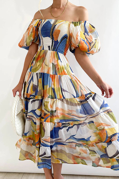 Off Shoulder Smocked Tiered Abstract Circle Print Maxi Dress