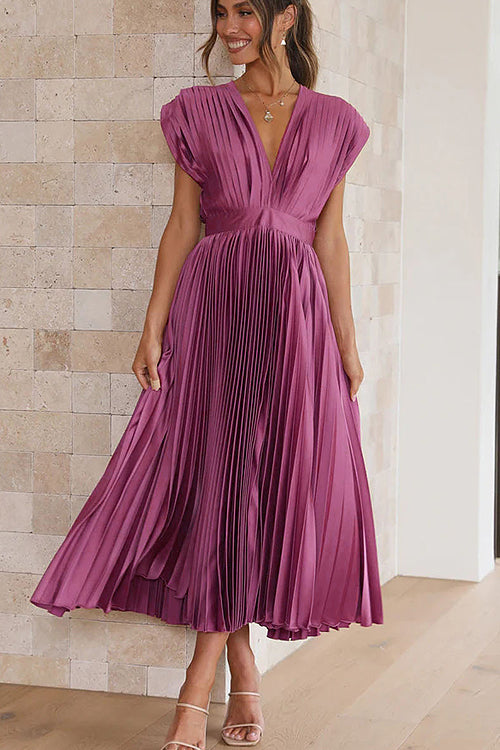 Pleated Satin Deep V-Neck Cap Sleeve Cinched Waist A-Line Midi Dress