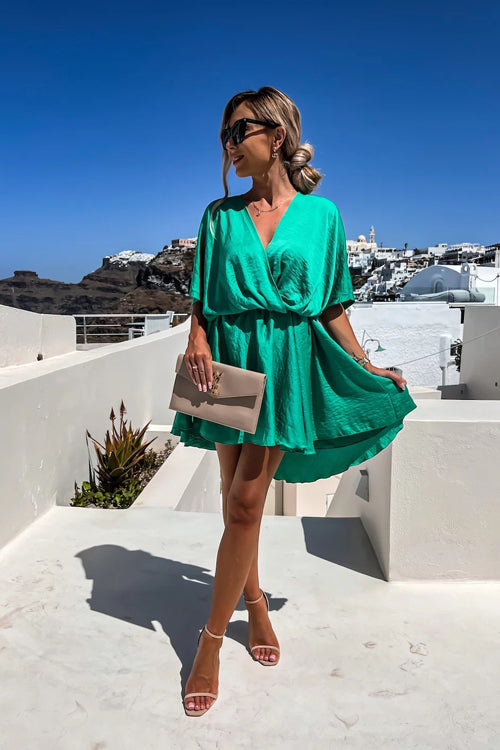 Satin Wrap Front Twist Waist Flutter Sleeve Ruffle Hem Mini Dress