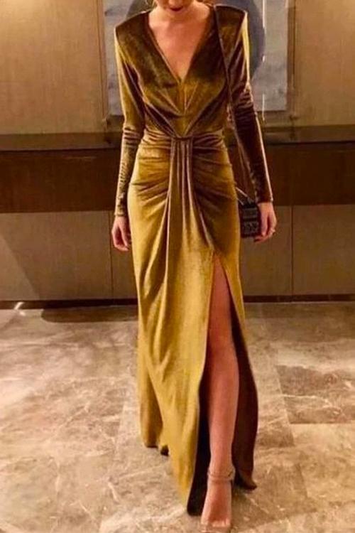 Deep V Neck Slit Ruched Velvet Party Dress(5 Colors Available)