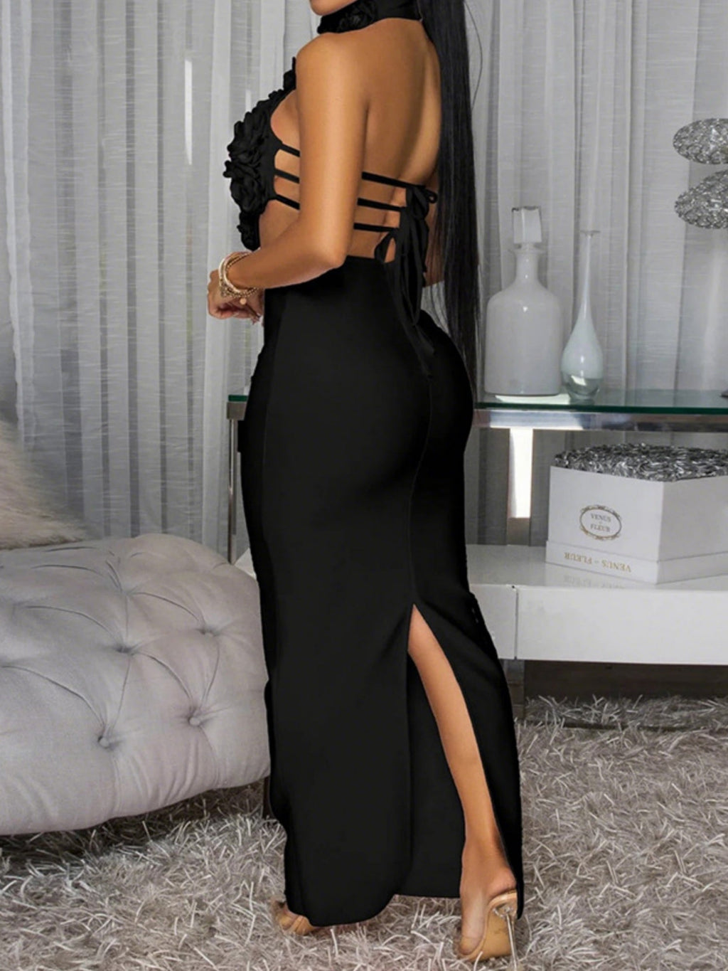 3D Flowers Valentine's Day Neckband Pleated Midi Dresses