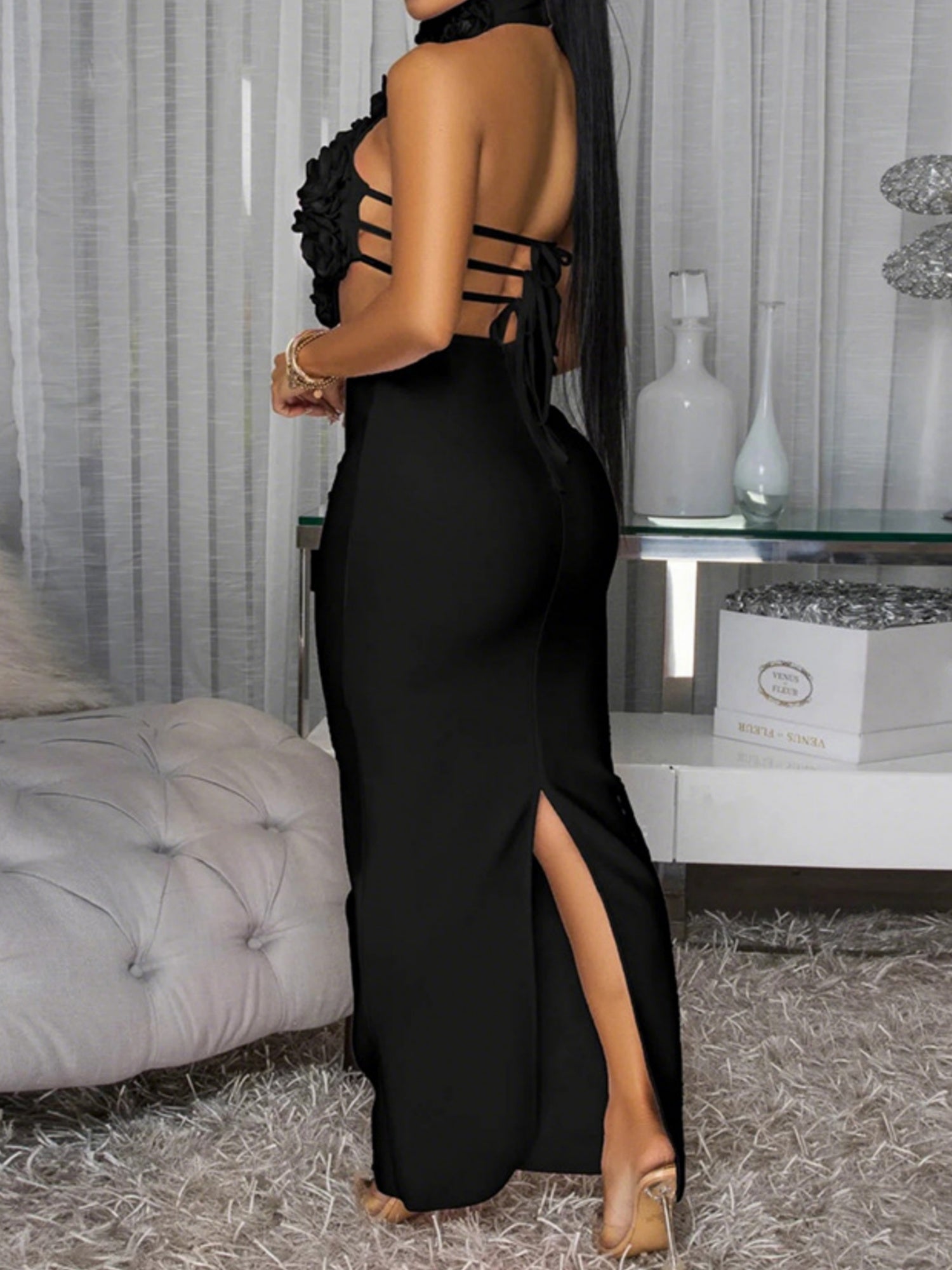 3D Flowers Valentine's Day Neckband Pleated Midi Dresses