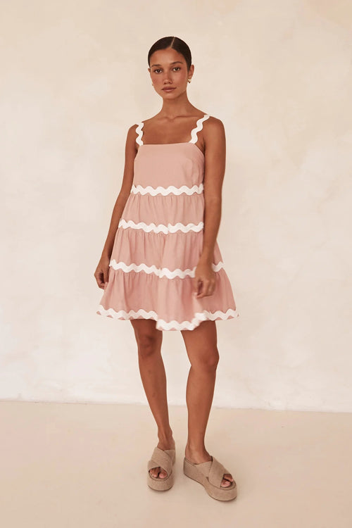 Square Neck Scalloped Ric Rac Trim Tiered Babydoll Mini Dress