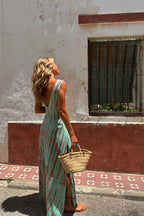 Tie Dye Print Plunging V-Neck Waist Cut Out Side Slit Maxi Dress