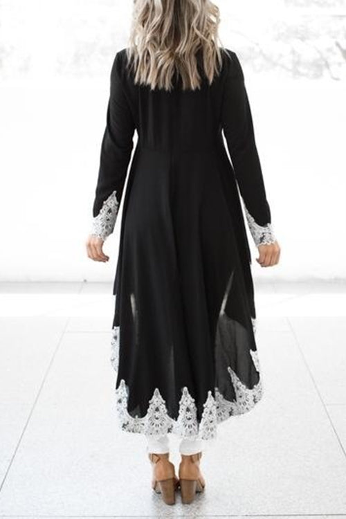 Long Sleeves High Low Hem Lace Trim Blouse Top
