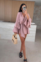 Textured Bell Sleeve Tie Waist Deep V-Neck Romper