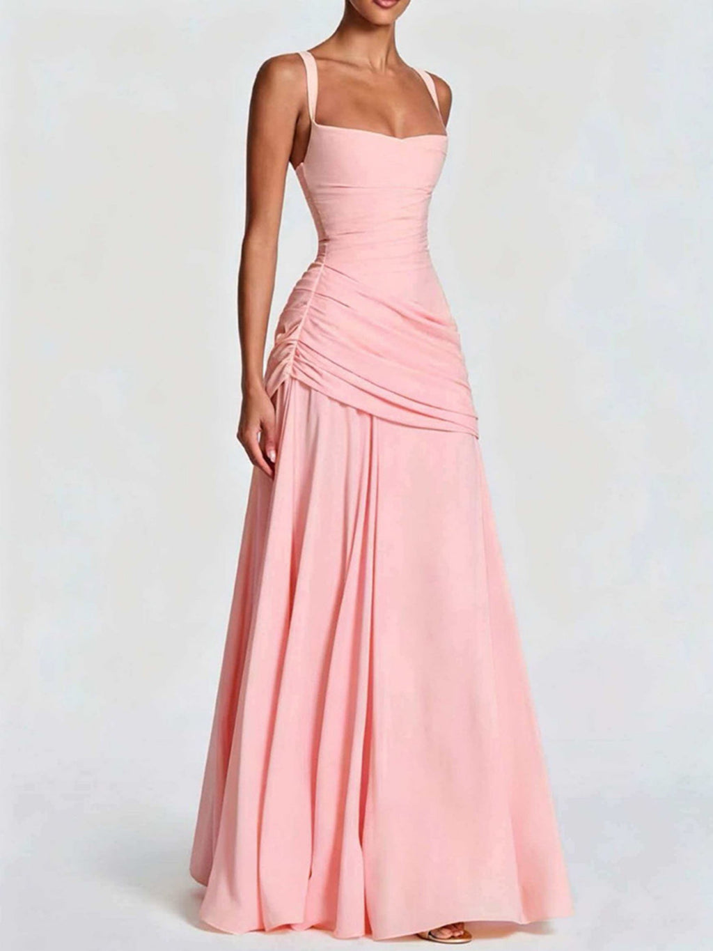 Pleated Waist-cinching And Backless Fish Tail Low-cut Halter Top Maxi Dresses