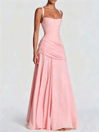 Pleated Waist-cinching And Backless Fish Tail Low-cut Halter Top Maxi Dresses